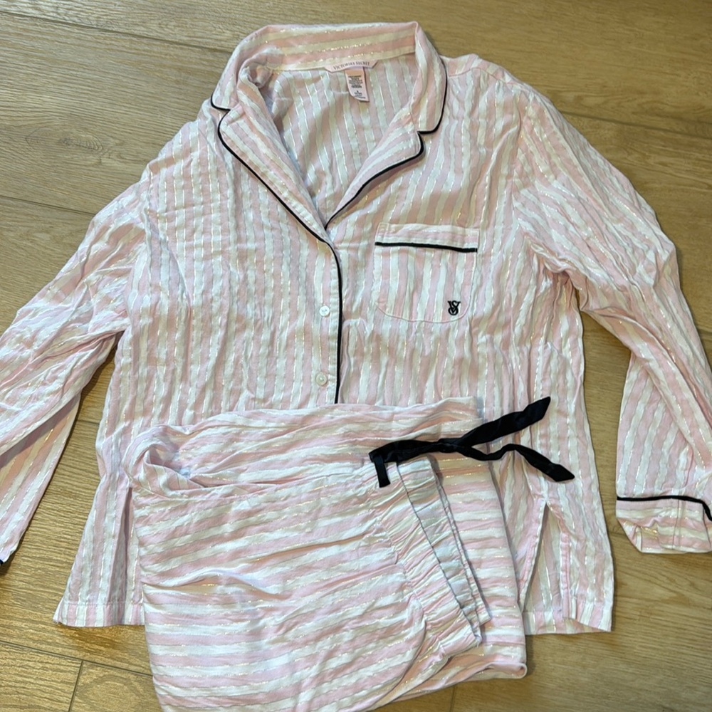 VS Flannel Pink Stripe Long Sleeve and Pants PJ Set